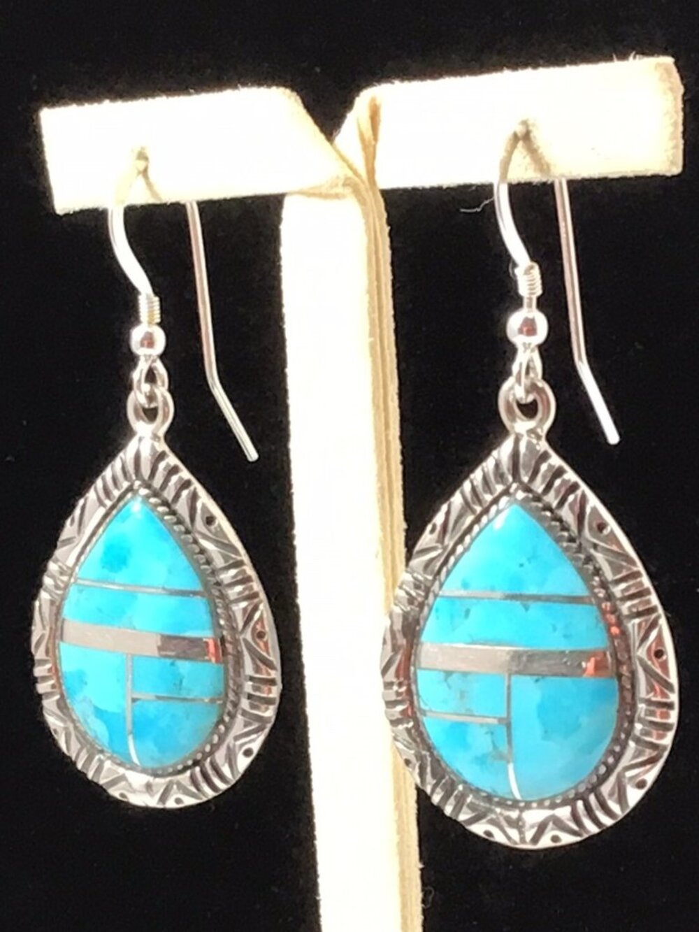 Sterling Silver Turquoise Earrings Inlay Dangle Hook Philippines 1.75”